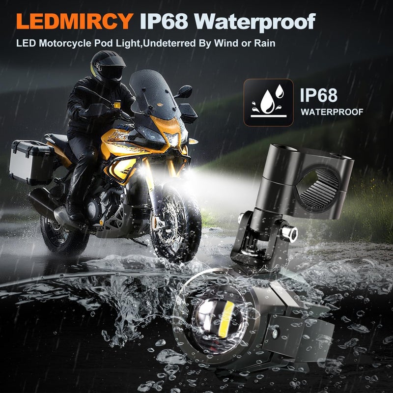 LEDMIRCY Motorcycle Auxiliary Lights, Exploradoras LED para Moto with Switch Wiring Harness Kit Motorcycle Fog Lights IP68 Waterproof Driving Spot Light with Mount Brackets for ATV UTV Snowmobile - Image 2